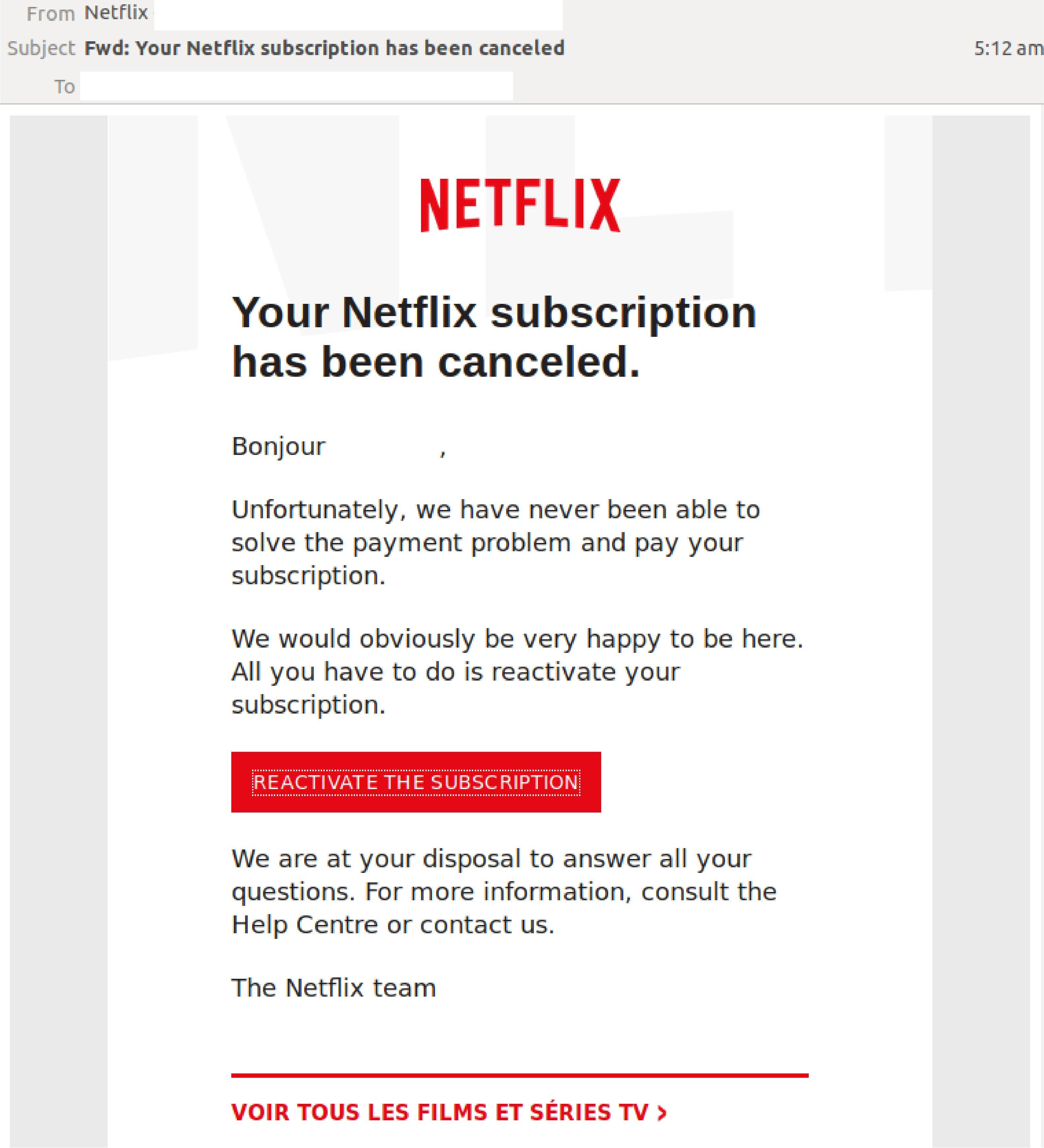 Phishing email brandjacks Netflix; claims users’ subscriptions are